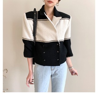 Áo khoác tweed dáng vest tay ngắn phối 2 màu trắng đen thanh lịch (có hình thật)