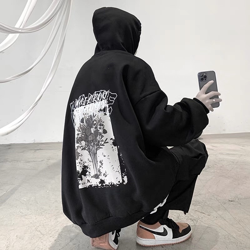 Áo Hoodie Nỉ Bông Dài Tay Unisex Hoạ Tiết Bông Hồng