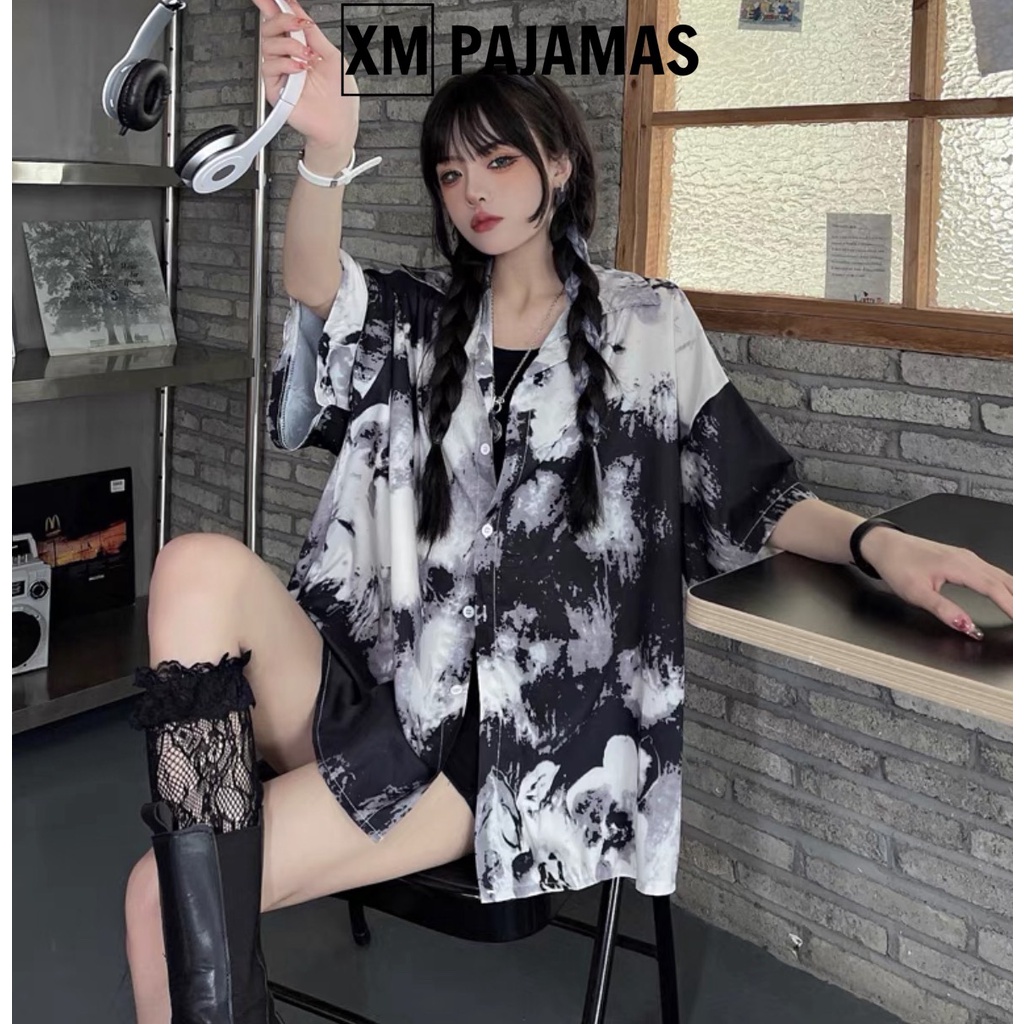 Áo sơ mi loang form rộng tay lỡ unisex - Thun kiểu đường phố cá tính học sinh hàn quốc màu đen ulzzang