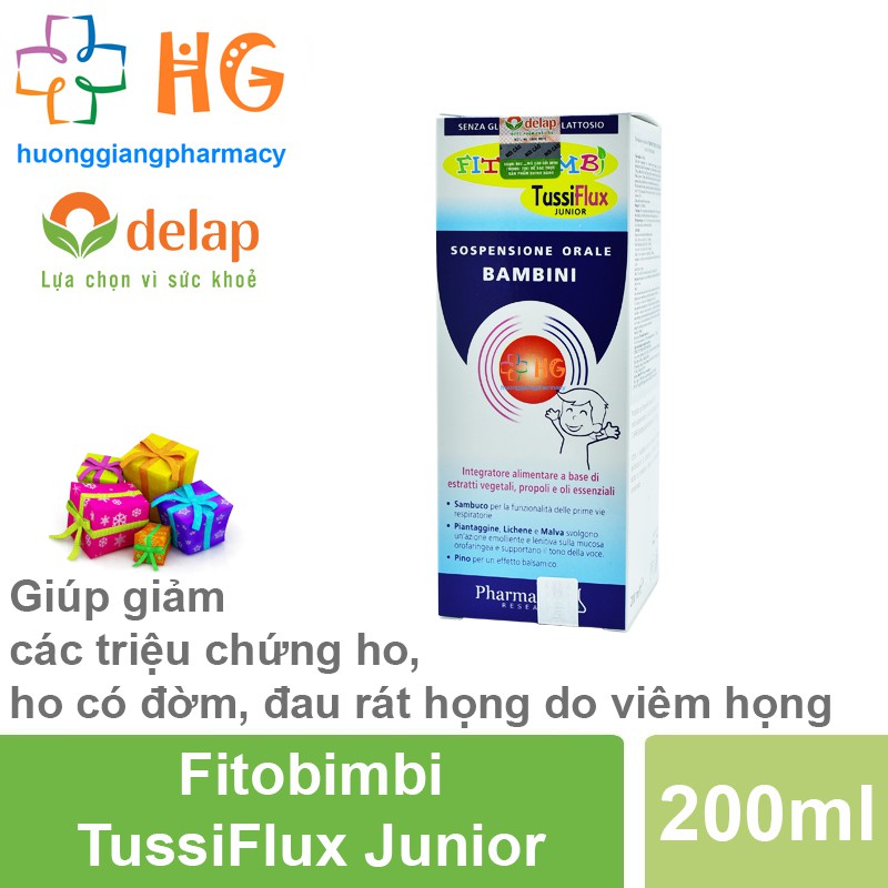 Fitobimbi Tussiflux Junior, siro ho cho bé, giúp giảm các triệu chứng ho, ho có đờm, đau rát họng do viêm họng