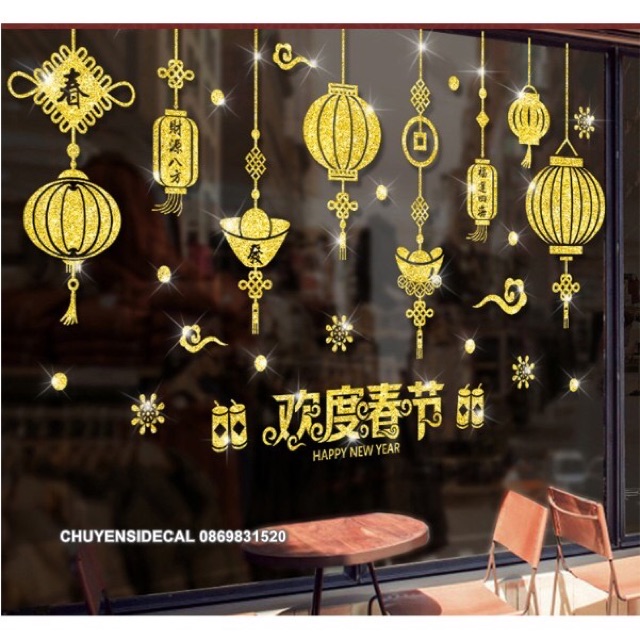 Decal dán Tết - Rèm ĐÈN VÒNG nhũ vàng