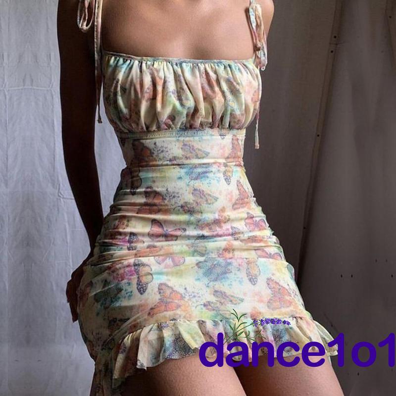 Đầm voan hai dây phối bèo hoạ tiết bướm phong cách nữ tính thời trang