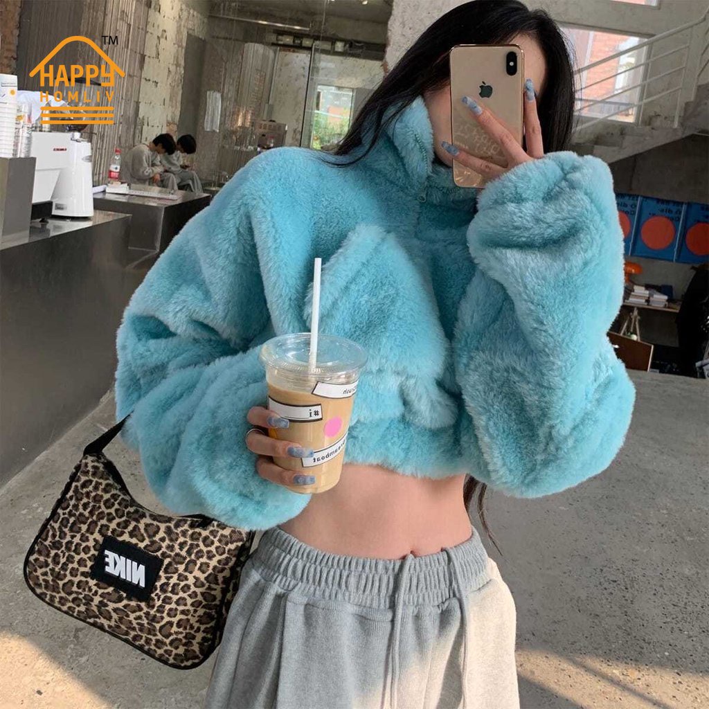 Áo Croptop Cổ Đứng Chất Liệu Len Lông Cừu Xanh Dương Dày Dặn Thời Trang Mùa Đông Cho Nữ