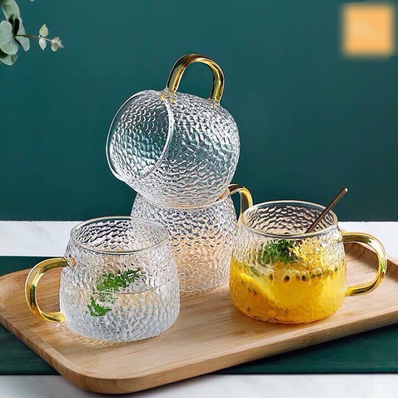 Bộ bình thuỷ tinh chịu nhiệt sần quai vàng | Bình sần Borosilicate chịu nhiệt, chịu lực cao cấp