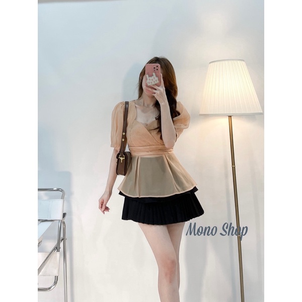 Áo voan lụa peplum 2 màu trắng nude tay phồng chất mịn Ảnh thật/ sẵn