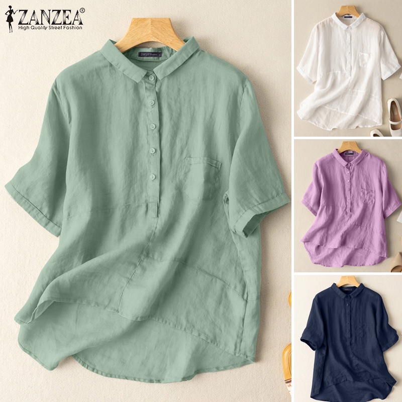 Zanzea Áo Sơ Mi Tay Dài Cổ Bẻ Màu Trơn Phong Cách Retro Dành Cho Nữ