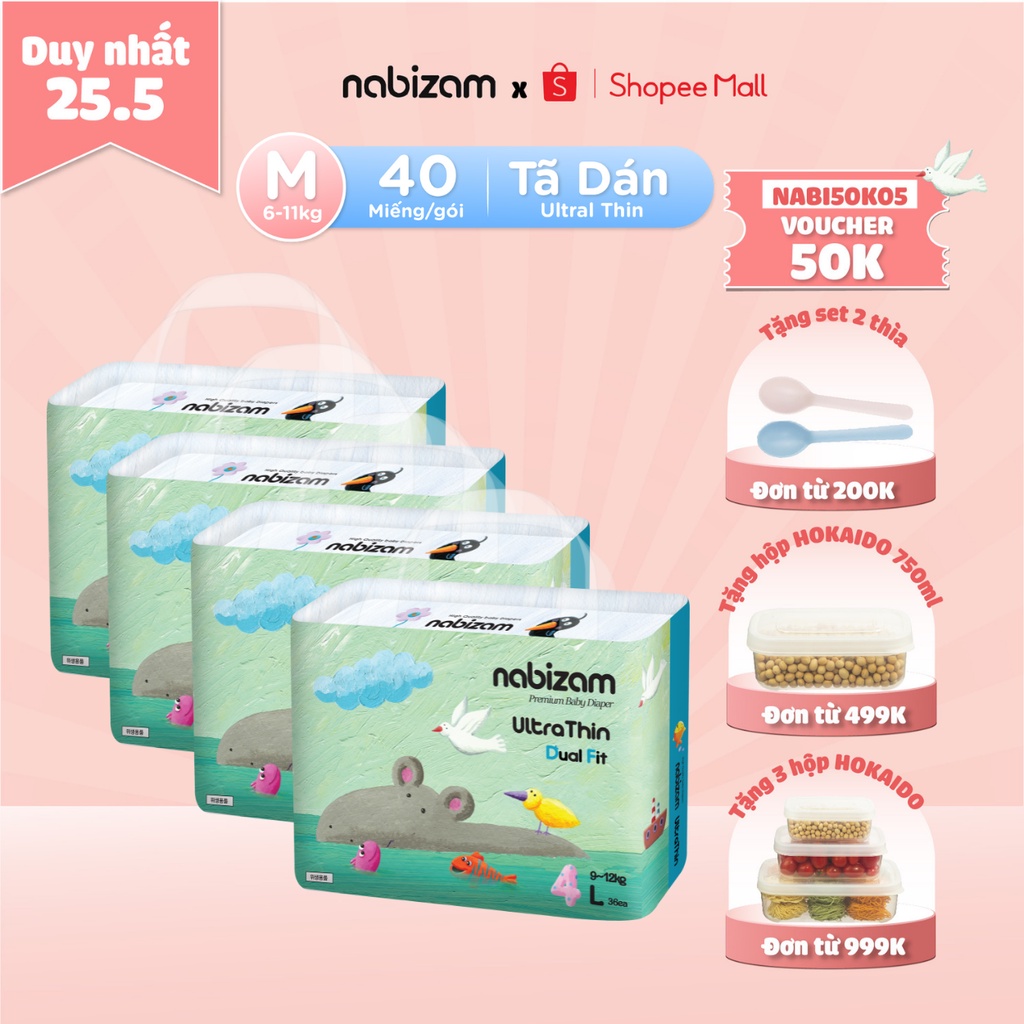 COMBO 4 Bịch Tã/Bỉm Dán NABIZAM Ultra Thin Mỏng Nhẹ, Thấm Hút, Khô Thoáng Size L Cho Bé 9-12kg, 36 Miếng