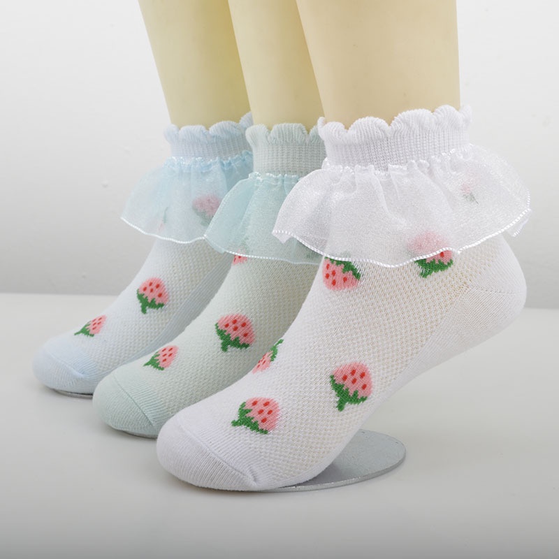 Vớ Cotton Phối Ren Thoáng Khí Họa Tiết Dâu Tây Màu Hồng Dễ Thương Thời Trang Mùa Hè Cho Bé Gái 0-9 Tuổi