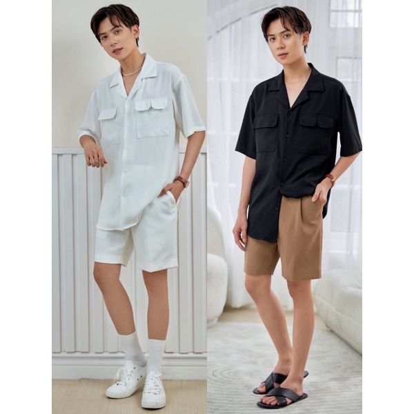 ÁO SƠ MI NAM TAY NGẮN CỔ DANTON 2 TÚI. CUBAN SHIRT MÀU TRẮNG/MÀU ĐEN.