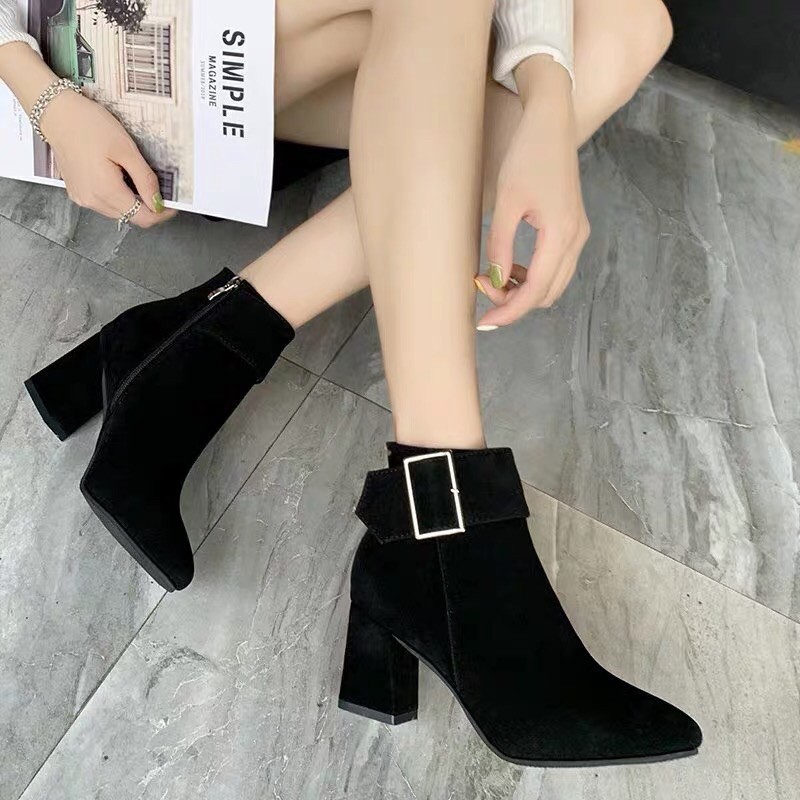 bốt nữ cổ lửng, boots cao gót da lộn đế 6p