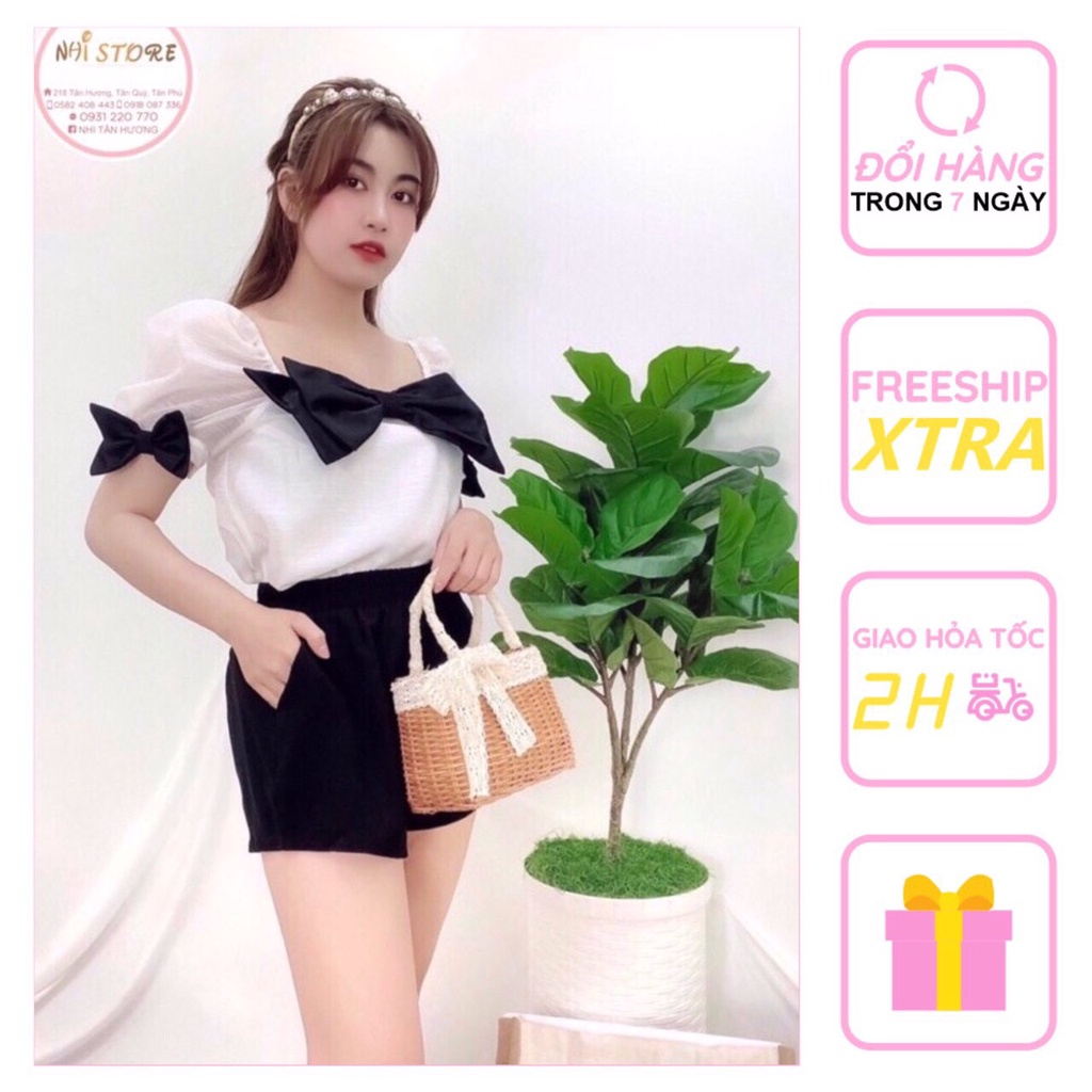 [FREESHIP 50K]Áo Kiểu Nữ Nhistore Cổ Vuông Tay Phồng Vải Bóng Kiếng Freesize Dưới 57kg