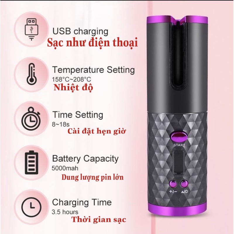 Máy Uốn Tóc Xoay Tự Động Không Dây Thông minh Cắm Sạc USB