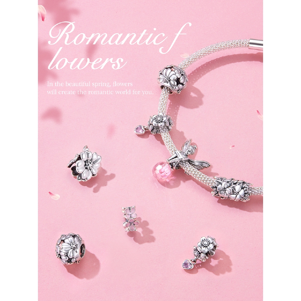 Hạt Xỏ Trang Sức Bamoer Hình Hoa Bằng Bạc 925 Dùng Làm Dây Chuyền DIY SCC1486