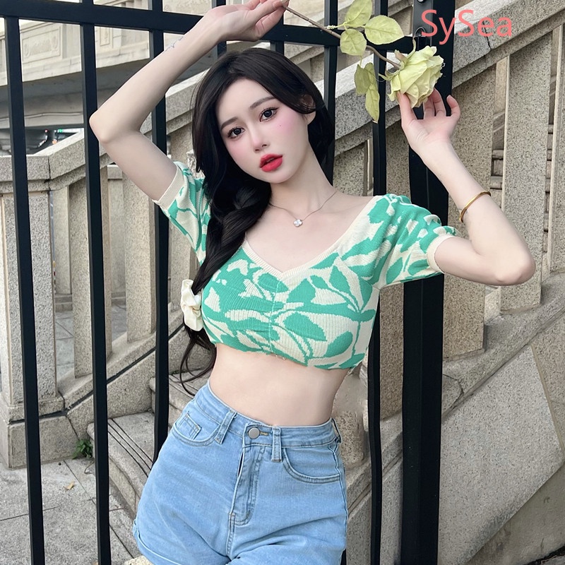 Áo Croptop Dệt Kim Cổ Chữ V Thiết Kế Xếp Ly Thời Trang Mùa Hè Quyến Rũ Cho Nữ