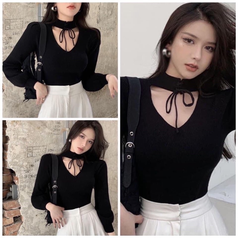 Áo kiểu thun croptop tay dài cổ lọ phối tim cho nữ