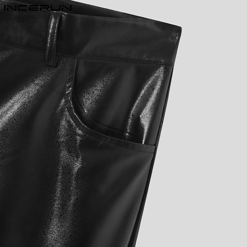 Quần INCERUN dạng dài bằng da màu đen kiểu dáng ôm sát thời trang thường ngày sành điệu cho nam