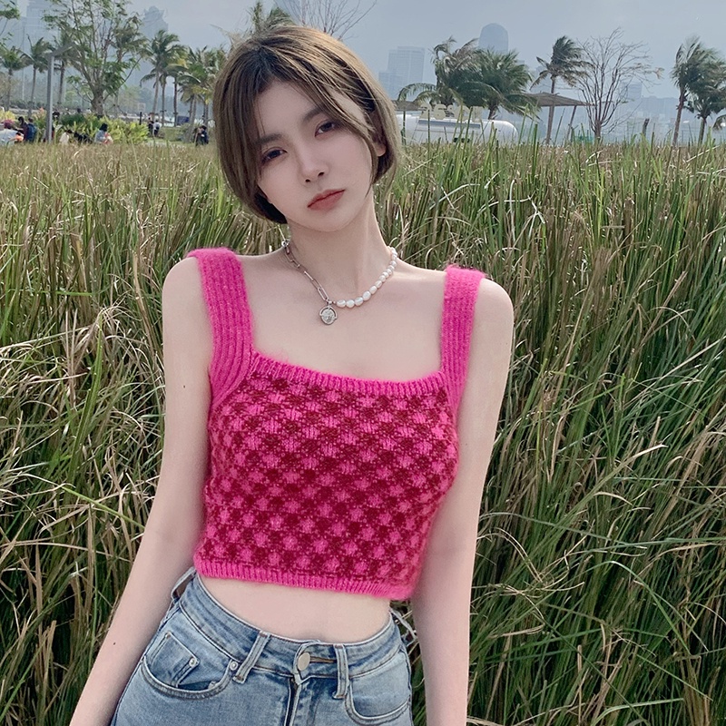 Áo Hai Dây Dệt Kim Dáng Ngắn Họa Tiết Kẻ Sọc Màu Đỏ Hồng Thời Trang Mùa Hè Xinh Xắn Cho Nữ