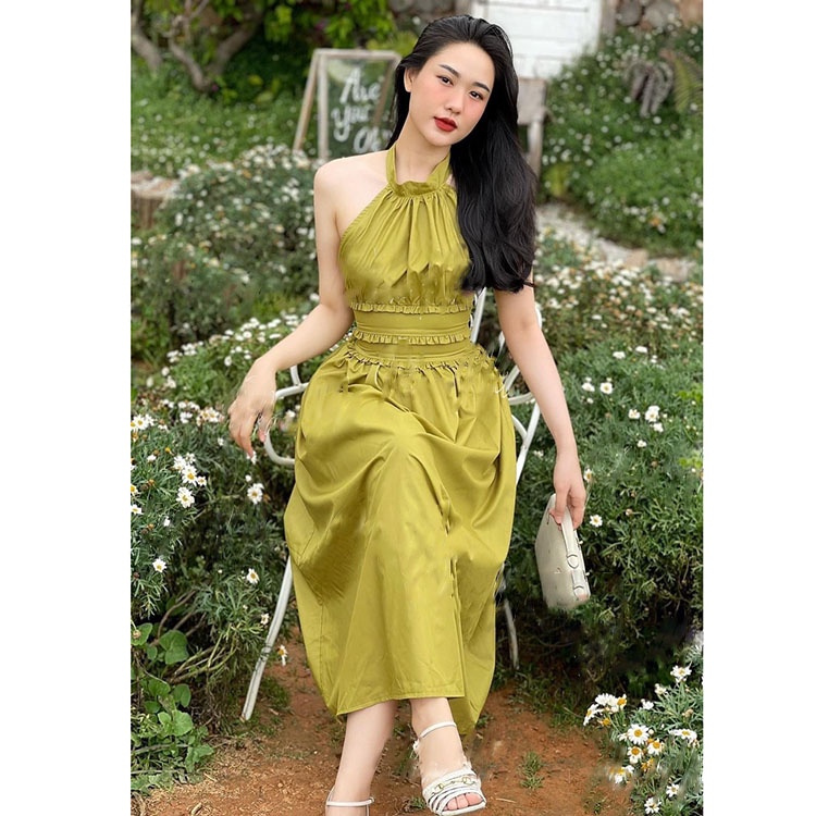 Đầm thô cổ yếm hở lưng Váy chiết eo phối viền hàng loại 1 | BigBuy360 - bigbuy360.vn