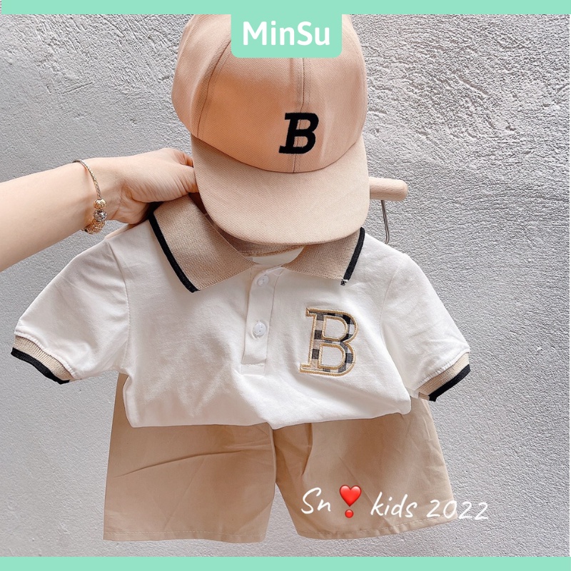 Bộ cộc tay cổ bẻ chữ B phối quần kaki thô kèm mũ cực đẹp cho bé trai MinSu Shop