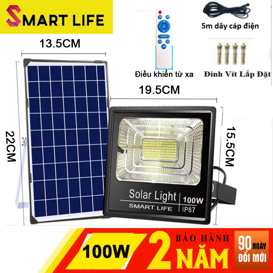 Đèn LED Năng Lượng Mặt Trời 100w  SMART LIFE  Cảm Biến Ánh Sáng tự động bật sáng khi trời tối, và tắt đèn khi trời sáng