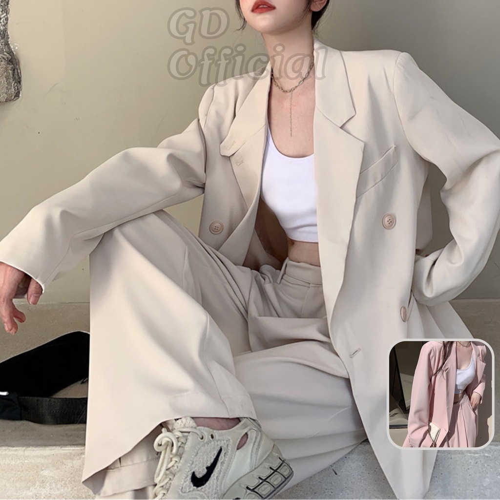 B38|Set/Bộ vest/tây/blazer/âu công sở nữ áo khoác dài tay, quần cạp/lưng cao ống thẳng suông rộng hồng, vàng GD Official