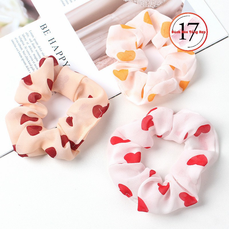 Dây buộc tóc, cột tóc Scrunchies vải họa tiết trái tim nhiều màu