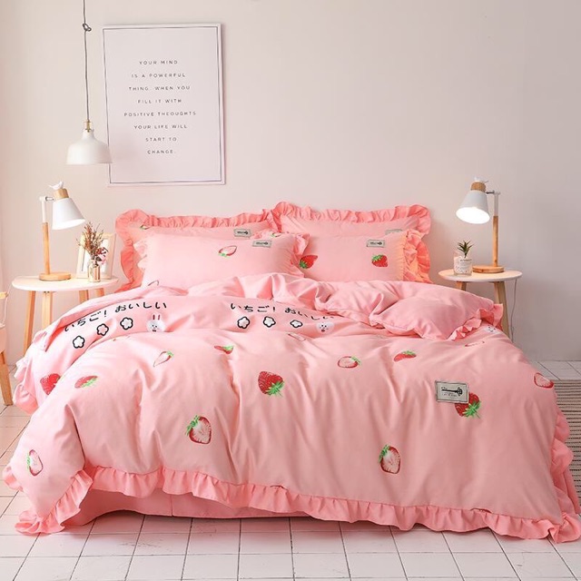 BỘ CHĂN GA GỐI 100% 40s cotton bèo   Siêu xinh