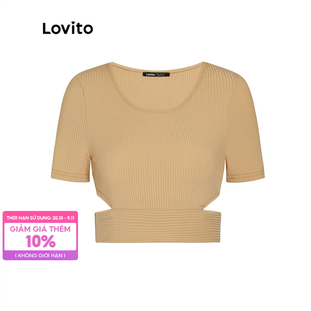 Lovito Áo thun nữ Plain Rib Knit Cut Out L36LD016 (Kaki)
