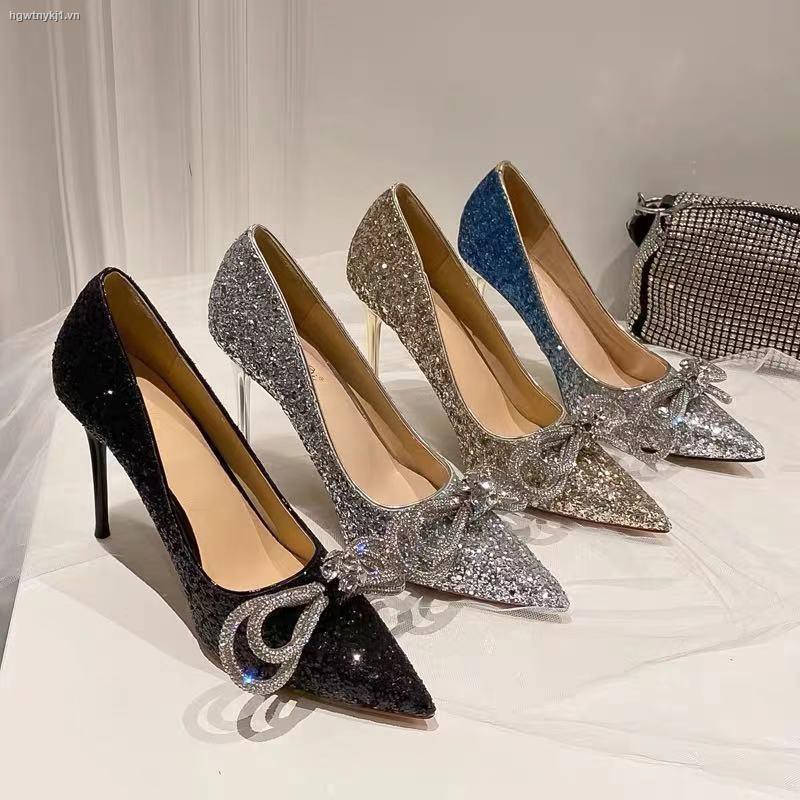 ✑❆✎Silver high heels female 2021 new spring and autumn stiletto bow, pointed toe rhinestone sequin crystal princess wedding shoes