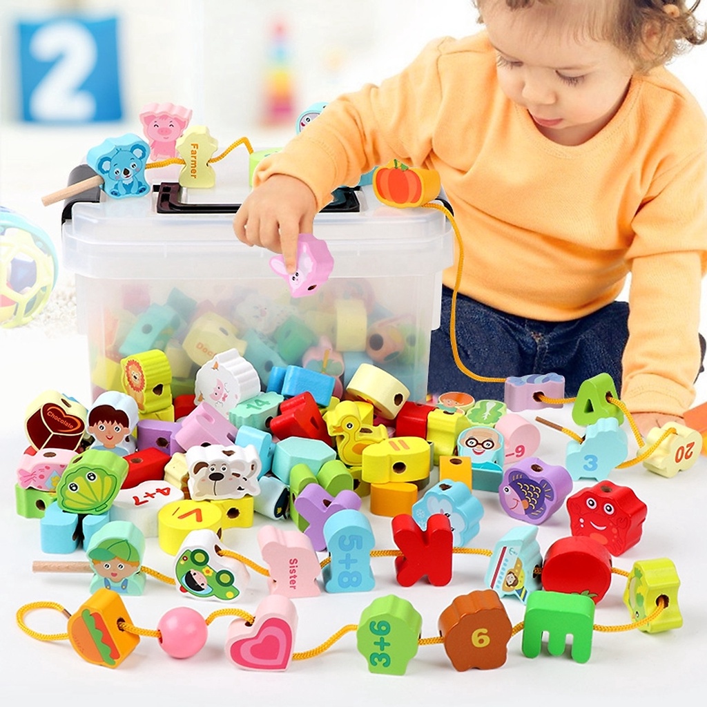 Bộ xâu hạt gỗ 106 chi tiết cho bé [Bộ ghép hình - Thả hình cho bé - Xâu chuỗi số - Xâu chữ]
