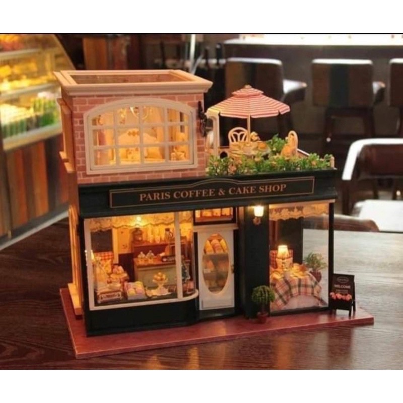 (Tặng mica,keo sữa,đèn led)Mô hình gỗ bé tự lắp ráp tiệm bánh ngọt đồ chơi Nhà búp bê diy doll house hiện đại 1028