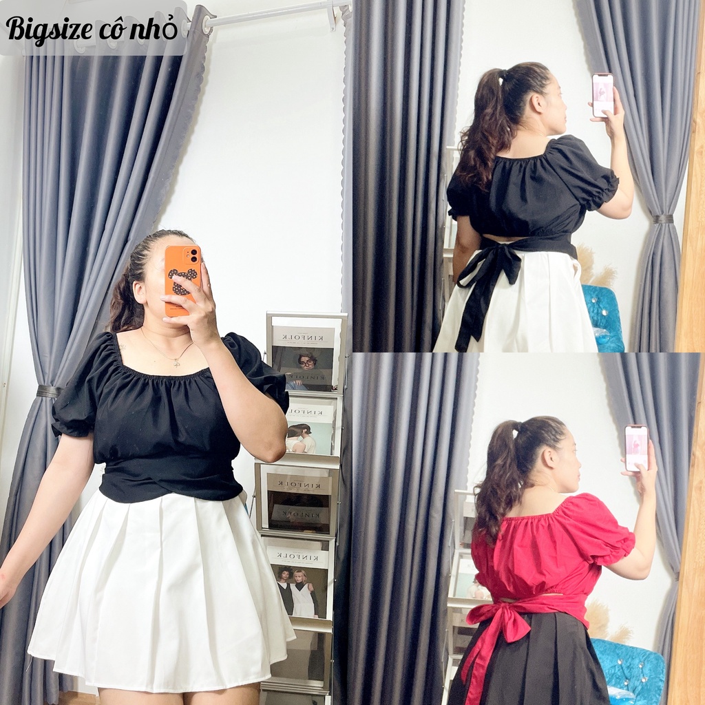 Bigsize Áo Sơ Mi Croptop Kiểu Bánh Bèo Thắt Nơ Sau Lưng Dễ thương,Áo Sơ Mi Nữ Tay Ngắn Mã AT9