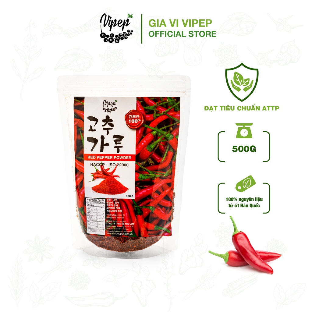 Ớt vảy cánh nhỏ, cay nhẹ, làm kim chi 500g - 100% từ giống ớt Hàn Quốc nguyên chất - Vipep chuyên gia vị ớt bột Hàn Quốc