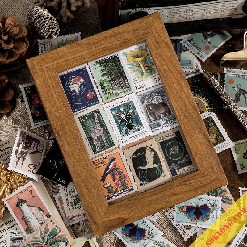 Bộ 46 tem dán phong cách Retro - Sticker hình tem dán trang trí soklong.com Buleet Journal