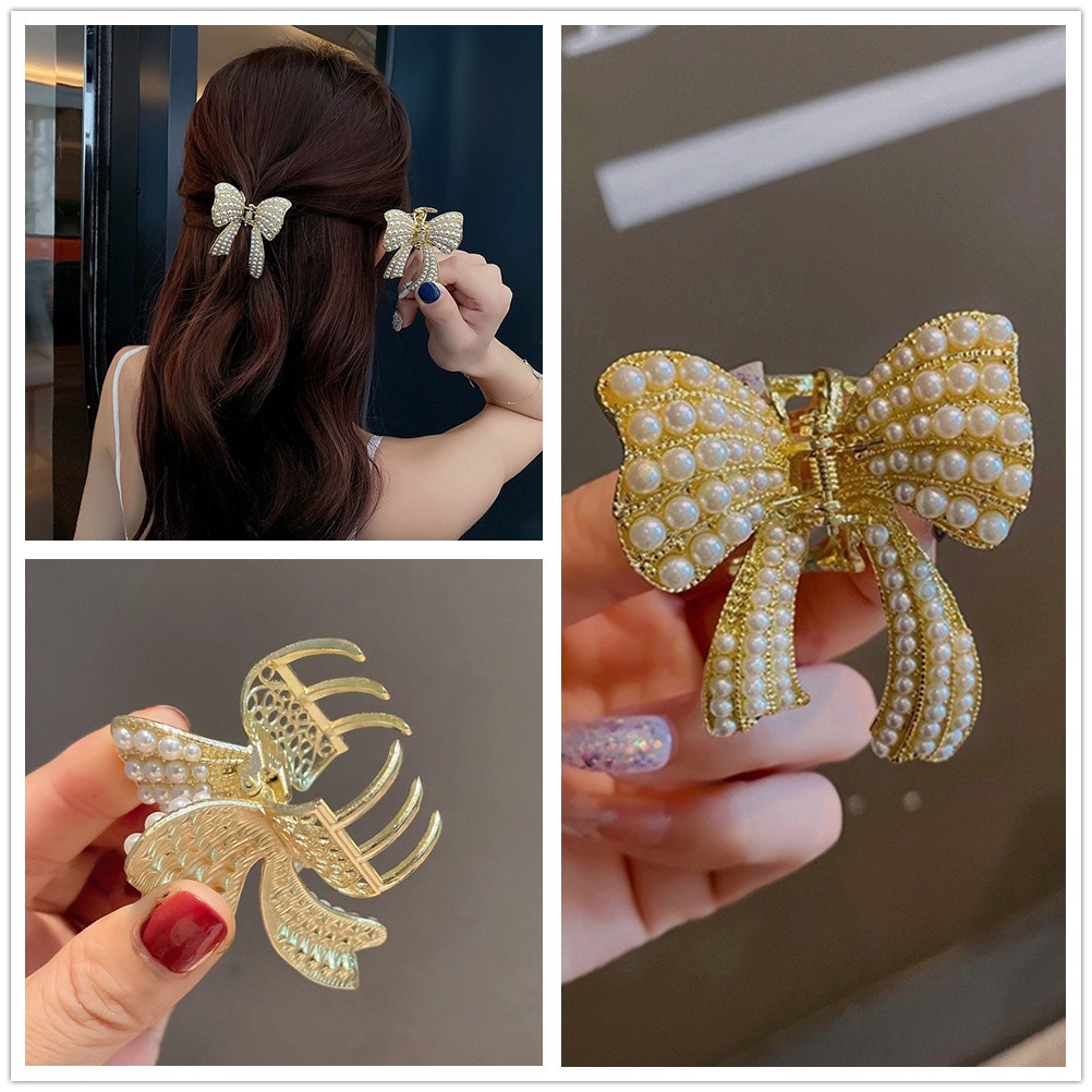Kẹp Tóc Hình Nơ Đính Ngọc Trai Nhân Tạo Thiết Kế Mới Thời Trang Mùa Thu Đông