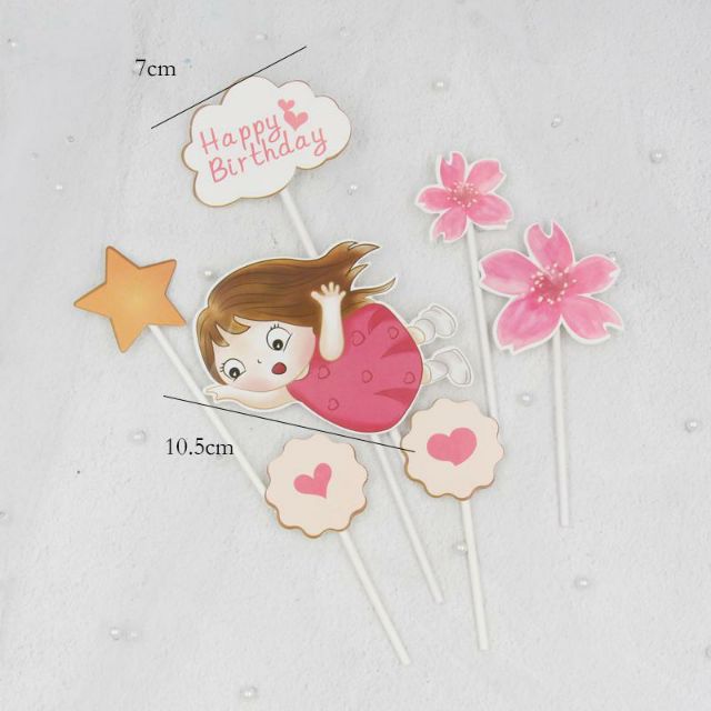 Topper giấy hình bé gái váy hồng