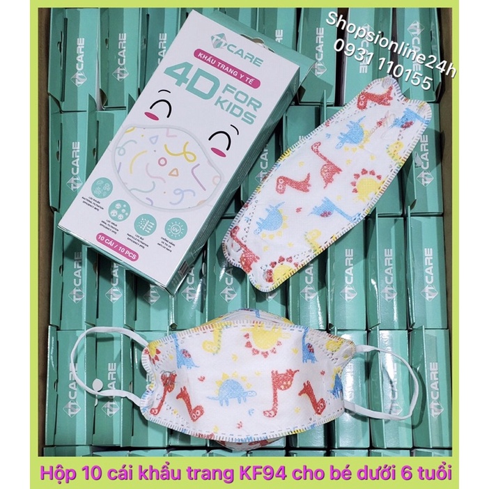 ✅ [ Hộp 10 cái ] khẩu trang y tế 4D , kf94 cho bé chính hãng TTCare hình Khủng Long