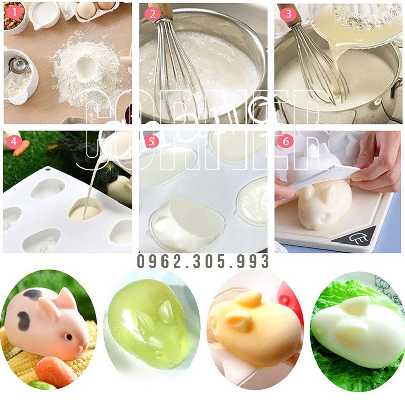 Khuôn silicone bánh pudding khuôn mousse  hình thỏ 6 lỗ 3d khuôn xà phòng handmade