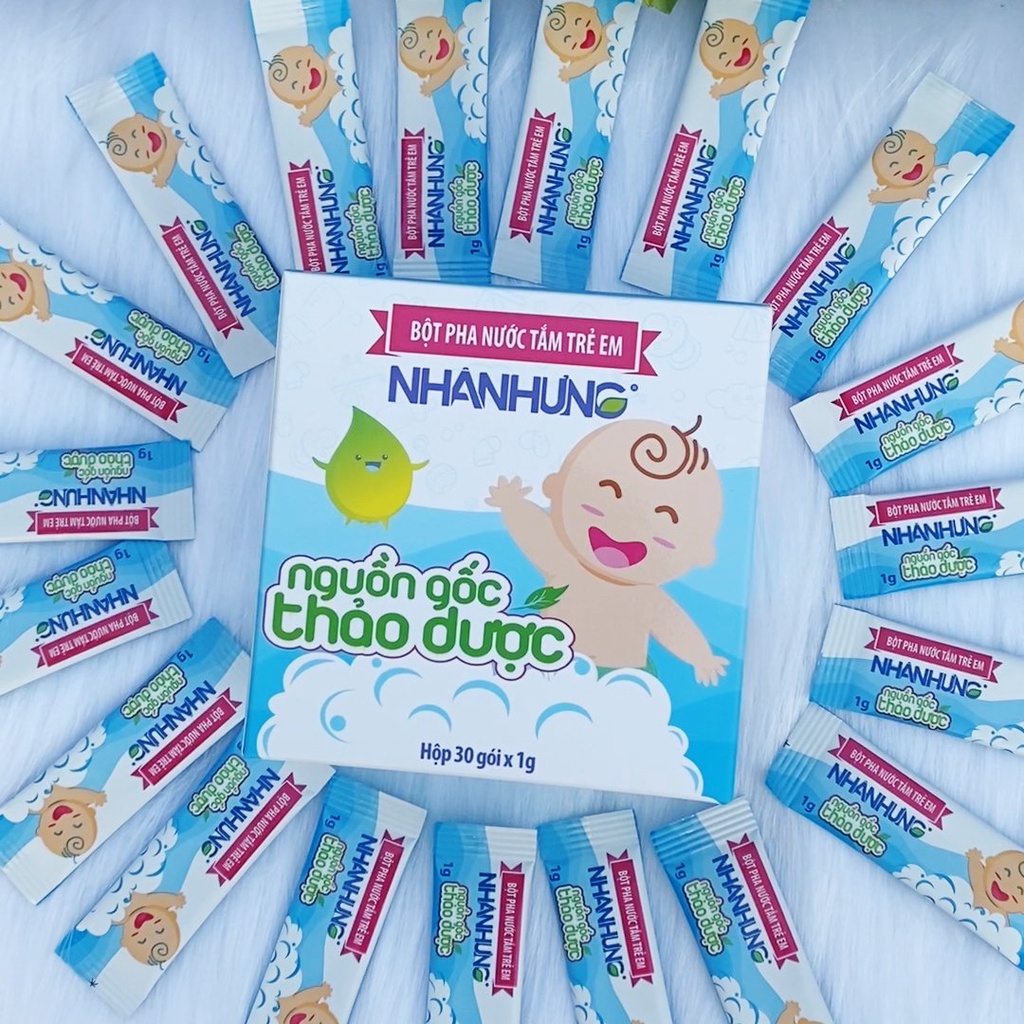 Bột pha nước tắm trẻ em Nhân Hưng 30 gói x1g - Giúp bé hết bị chàm sữa, rôm sảy, mẩn ngứa, mụn nhọt, hăm tã