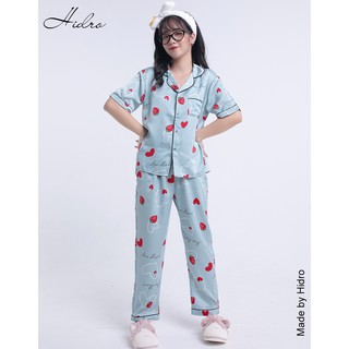 HIDRO Bộ pijama lụa satin tay cộc quần dài