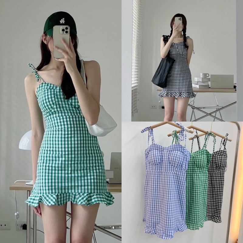 Đầm caro 2 dây mặc đi dạo, đi biển- hình thật