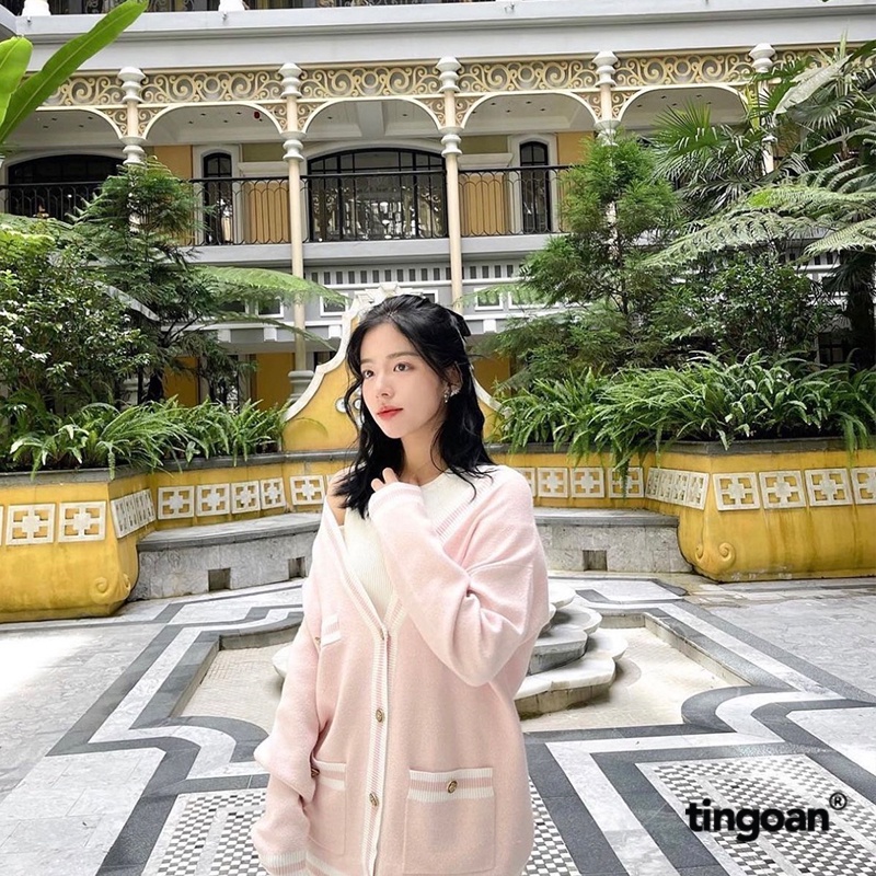 TINGOAN® - Áo khoác cardigan len xù hồng viền trắng tingoan RAINBOW BABY CARDIGAN/PK