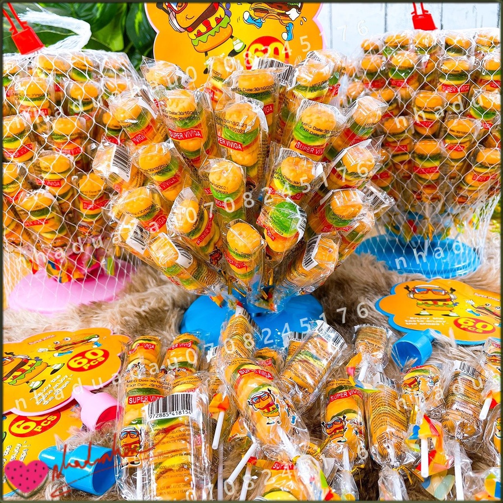 Lẻ 1 cây kẹo dẻo que hình bánh burger Viviga Honkong cây 18gam