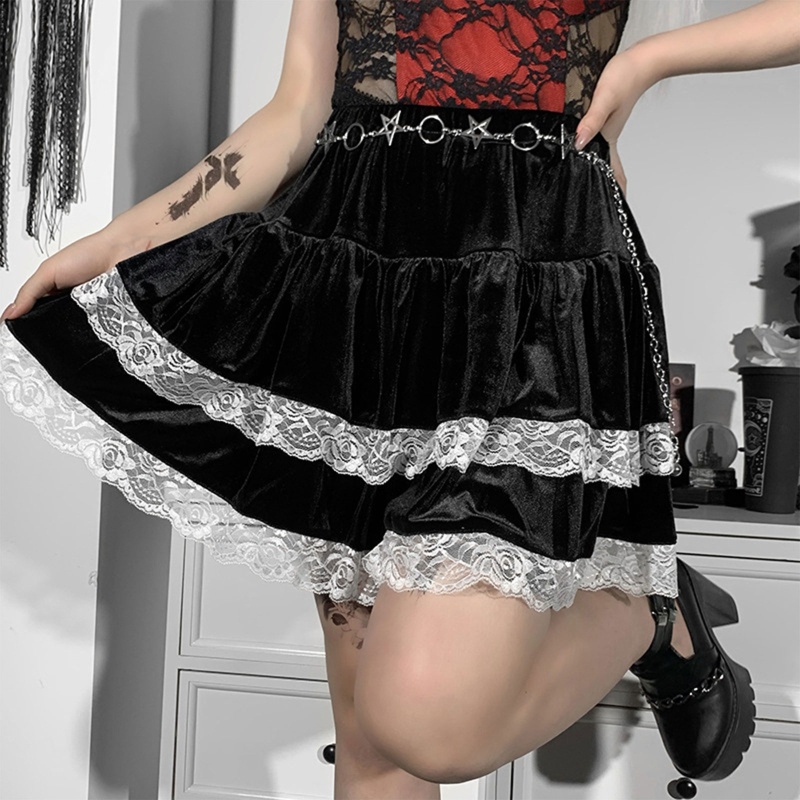 Chân Váy Nhung Xếp Ly Hai Lớp Lưng Cao Viền Ren Phong Cách Gothic Punk Harajuku Cho Nữ