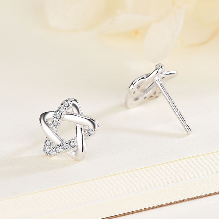 Bông tai nữ hình ngôi sao 5 cánh đính đá, hợp kim mạ bạc xinh xắn, dễ thương