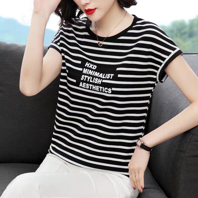 Áothun tay ngắn họa tiết kẻ sọc trắng đen thời trang cho phụ nữ trung niên