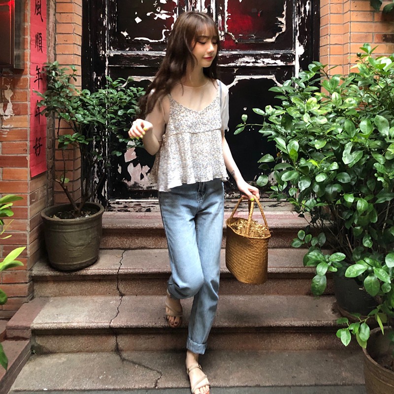 Áo chiffon in họa tiết hoa hai lớp phong cách Hàn Quốc xinh xắn | BigBuy360 - bigbuy360.vn