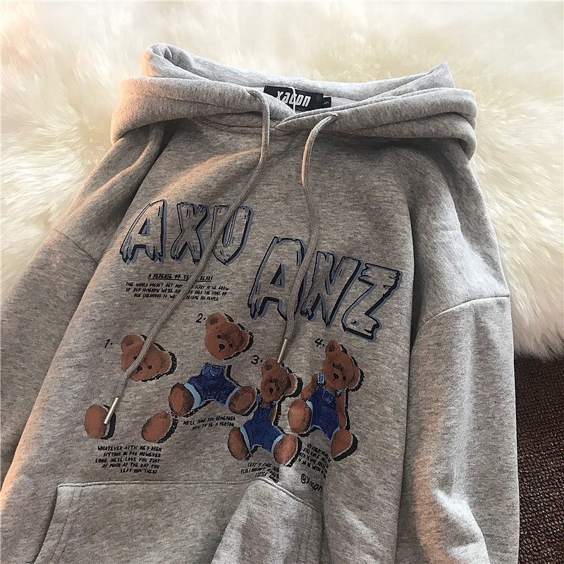 Áo Khoác Mùa Đông Lót Nhung Dày Dặn Dáng Rộng In Họa Tiết Gấu Nhỏ Phong Cách Hàn Quốc Thời Trang Cho Nữ