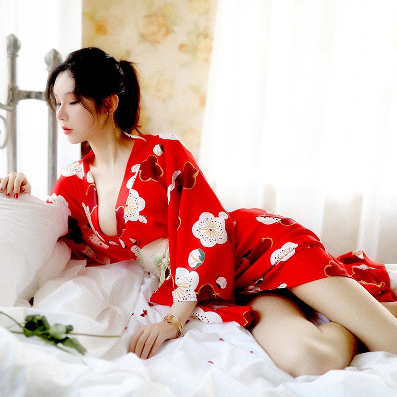 Bộ Đầm Ngủ Kimono In Họa Tiết Hoa Anh Đào Quyến Rũ Dành Cho Nữ