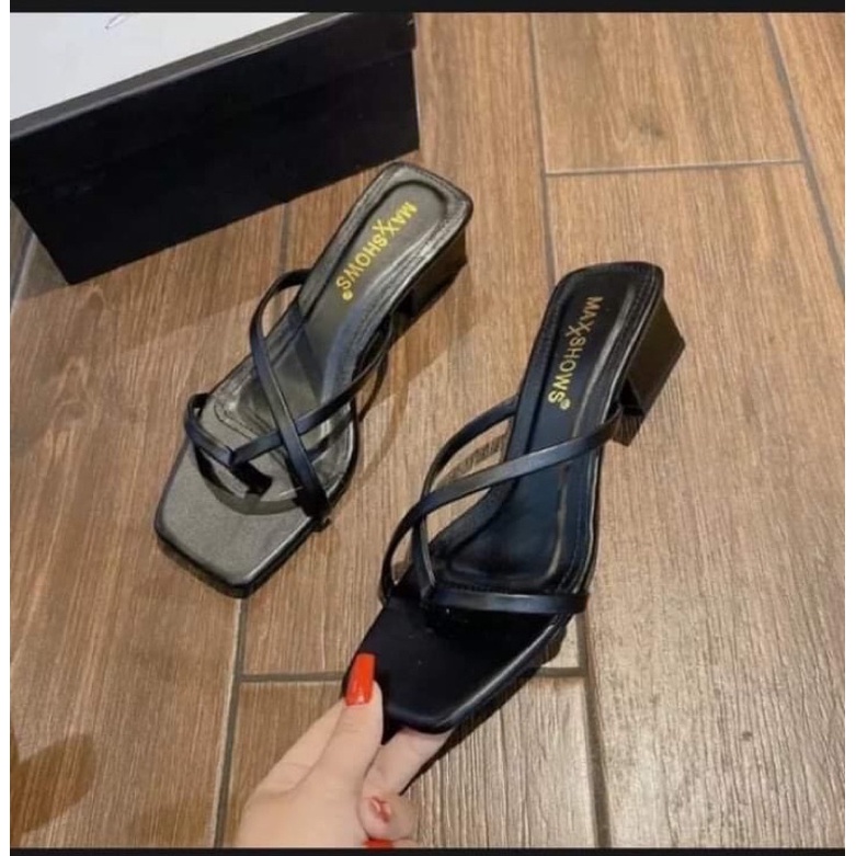 Guốc cao gót quai mảnh xỏ ngón đế vuông cao 4cm, cao gót sandal 2 màu đen, trắng MiMi